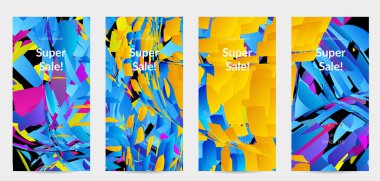 Parlak renkli küçük parçacık patlaması ile soyut sosyal medya şablonu. Spor müziği sosyal medya düzeni. Dış uzay hareketli optik sanat dinamik arka planı. Gelecekçi vektör.