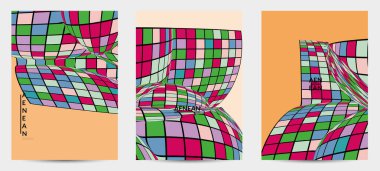 Kare piksel mozaik şekli bozulmuş. Düz retro renklerin üzerine siyah tel çerçeve. Soyut hava balonu vektör arkaplanı.