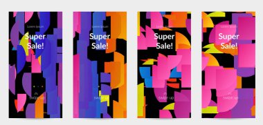 Parlak renkli rastgele çizgileri olan soyut öyküler. Dağılmış geometrik şekilli dinamik modern tasarım. Basit renkli fütürist elementler. Spor müziği sosyal medya düzeni.