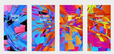 Parlak renkli küçük parçacık patlaması ile soyut sosyal medya şablonu. Spor müziği sosyal medya düzeni. Dış uzay hareketli optik sanat dinamik arka planı. Gelecekçi vektör.