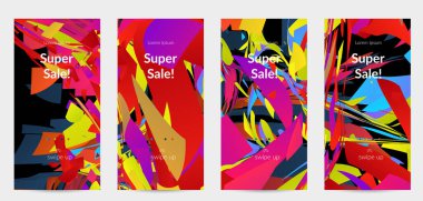 Parlak renkli küçük parçacık patlaması ile soyut sosyal medya şablonu. Spor müziği sosyal medya düzeni. Dış uzay hareketli optik sanat dinamik arka planı. Gelecekçi vektör.