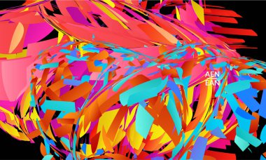 Parlak renkli küçük parçacık patlaması içeren soyut iniş sayfası şablonu. Spor müziği sosyal medya düzeni. Dış uzay hareketli optik sanat dinamik arka planı. Gelecekçi vektör.