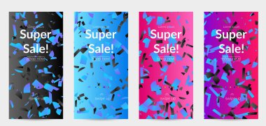 Soyut öyküler, arka planda küçük parlak kağıt parçaları olan şablonlar. Bozuk gradyan çizgileri olan dinamik modern tasarım. Basit renkli fütürist elementler.