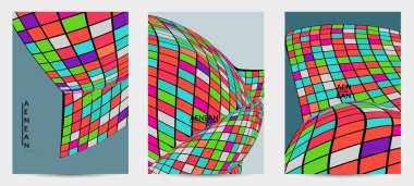 Kare piksel mozaik şekli bozulmuş. Düz retro renklerin üzerine siyah tel çerçeve. Soyut hava balonu vektör arkaplanı.