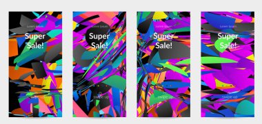 Parlak renkli küçük parçacık patlaması ile soyut sosyal medya şablonu. Spor müziği sosyal medya düzeni. Dış uzay hareketli optik sanat dinamik arka planı. Gelecekçi vektör.