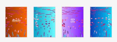 Değişken arkaplan üzerinde küçük parlak kağıt parçaları olan soyut el ilanı şablonları. Bozuk gradyan çizgileri olan dinamik modern tasarım. Basit renkli fütürist elementler.