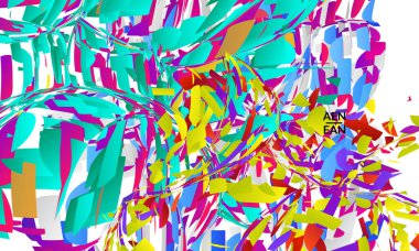 Parlak renkli küçük parçacık patlaması içeren soyut iniş sayfası şablonu. Spor müziği sosyal medya düzeni. Dış uzay hareketli optik sanat dinamik arka planı. Gelecekçi vektör.