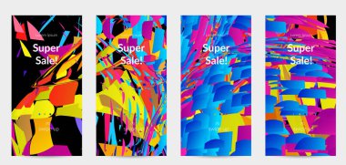 Parlak renkli küçük parçacık patlaması ile soyut sosyal medya şablonu. Spor müziği sosyal medya düzeni. Dış uzay hareketli optik sanat dinamik arka planı. Gelecekçi vektör.