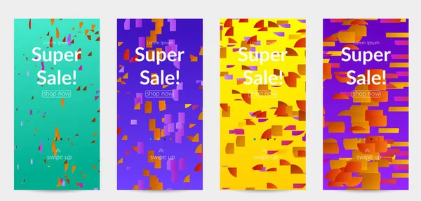 Soyut öyküler, arka planda küçük parlak kağıt parçaları olan şablonlar. Bozuk gradyan çizgileri olan dinamik modern tasarım. Basit renkli fütürist elementler.