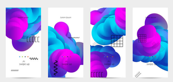 Яркие цветные рекламные шаблоны с 3D жидкой формой на белых и простых черных геометрических фигурах. Набор плакатов жидкого цвета. Творческая 3D смесь формирует динамическую композицию.