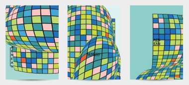 Kare piksel mozaik şekli bozulmuş. Düz retro renklerin üzerine siyah tel çerçeve. Soyut hava balonu vektör arkaplanı.