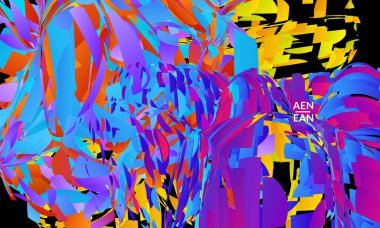 Parlak renkli küçük parçacık patlaması içeren soyut iniş sayfası şablonu. Spor müziği sosyal medya düzeni. Dış uzay hareketli optik sanat dinamik arka planı. Gelecekçi vektör.