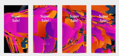 Parlak renkli küçük parçacık patlaması ile soyut sosyal medya şablonu. Spor müziği sosyal medya düzeni. Dış uzay hareketli optik sanat dinamik arka planı. Gelecekçi vektör.