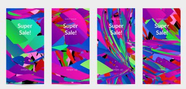 Parlak renkli küçük parçacık patlaması ile soyut sosyal medya şablonu. Spor müziği sosyal medya düzeni. Dış uzay hareketli optik sanat dinamik arka planı. Gelecekçi vektör.