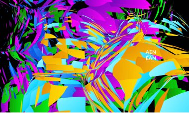 Parlak renkli küçük parçacık patlaması içeren soyut iniş sayfası şablonu. Spor müziği sosyal medya düzeni. Dış uzay hareketli optik sanat dinamik arka planı. Gelecekçi vektör.