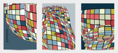 Kare piksel mozaik şekli bozulmuş. Düz retro renklerin üzerine siyah tel çerçeve. Soyut hava balonu vektör arkaplanı.