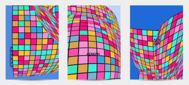 Kare piksel mozaik şekli bozulmuş. Düz retro renklerin üzerine siyah tel çerçeve. Soyut hava balonu vektör arkaplanı.