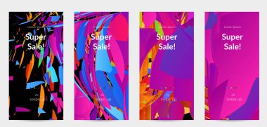 Parlak renkli küçük parçacık patlaması ile soyut sosyal medya şablonu. Spor müziği sosyal medya düzeni. Dış uzay hareketli optik sanat dinamik arka planı. Gelecekçi vektör.