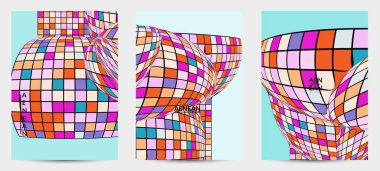 Kare piksel mozaik şekli bozulmuş. Düz retro renklerin üzerine siyah tel çerçeve. Soyut hava balonu vektör arkaplanı.