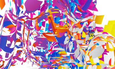 Parlak renkli küçük parçacık patlaması içeren soyut iniş sayfası şablonu. Spor müziği sosyal medya düzeni. Dış uzay hareketli optik sanat dinamik arka planı. Gelecekçi vektör.