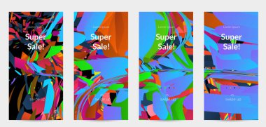 Parlak renkli küçük parçacık patlaması ile soyut sosyal medya şablonu. Spor müziği sosyal medya düzeni. Dış uzay hareketli optik sanat dinamik arka planı. Gelecekçi vektör.