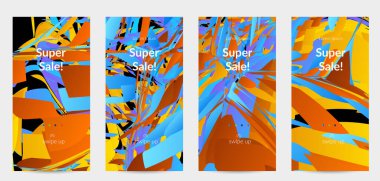 Parlak renkli küçük parçacık patlaması ile soyut sosyal medya şablonu. Spor müziği sosyal medya düzeni. Dış uzay hareketli optik sanat dinamik arka planı. Gelecekçi vektör.