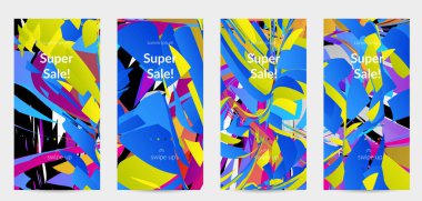 Parlak renkli küçük parçacık patlaması ile soyut sosyal medya şablonu. Spor müziği sosyal medya düzeni. Dış uzay hareketli optik sanat dinamik arka planı. Gelecekçi vektör.