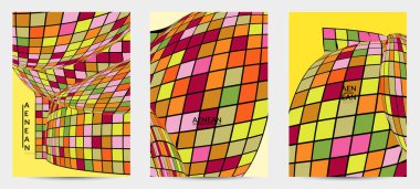 Kare piksel mozaik şekli bozulmuş. Düz retro renklerin üzerine siyah tel çerçeve. Soyut hava balonu vektör arkaplanı.