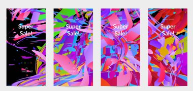 Parlak renkli küçük parçacık patlaması ile soyut sosyal medya şablonu. Spor müziği sosyal medya düzeni. Dış uzay hareketli optik sanat dinamik arka planı. Gelecekçi vektör.