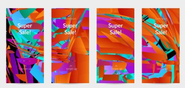 Parlak renkli küçük parçacık patlaması ile soyut sosyal medya şablonu. Spor müziği sosyal medya düzeni. Dış uzay hareketli optik sanat dinamik arka planı. Gelecekçi vektör.