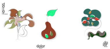 Soyut el çizimi vektör sanatsal logo seti beyaza izole edildi. Çizgi sanatsal çizim ve doku. Retro düz renkler organik doğal Eko gıda tasarımı. Organik sağlıklı vejetaryen karalaması..