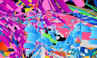 Parlak renkli küçük parçacık patlaması içeren soyut iniş sayfası şablonu. Spor müziği sosyal medya düzeni. Dış uzay hareketli optik sanat dinamik arka planı. Gelecekçi vektör.