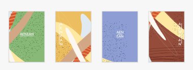 Minimum soyut vektör kaplama şablonu. Organik grunge, üst üste binen dalgalı şekiller ve çizgiler. El yazısıyla çizilmiş pastel renkli arka plan. Çizgili noktalı yaprak formları. Çağdaş tasarım.