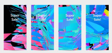 Parlak renkli küçük parçacık patlaması ile soyut sosyal medya şablonu. Spor müziği sosyal medya düzeni. Dış uzay hareketli optik sanat dinamik arka planı. Gelecekçi vektör.