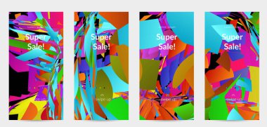 Parlak renkli küçük parçacık patlaması ile soyut sosyal medya şablonu. Spor müziği sosyal medya düzeni. Dış uzay hareketli optik sanat dinamik arka planı. Gelecekçi vektör.