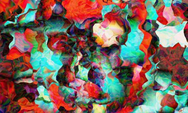 Soyut dijital çerçeve sanatsal vektör dokusu. Üst üste binen çok renkli dalgalı desenli filtreli şekiller. Canlı ışık efektleri, vitray camlar ya da kübizm sanat resimleri. Kitap kapağı şablonu.