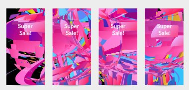 Parlak renkli küçük parçacık patlaması ile soyut sosyal medya şablonu. Spor müziği sosyal medya düzeni. Dış uzay hareketli optik sanat dinamik arka planı. Gelecekçi vektör.