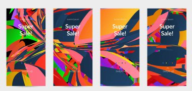 Parlak renkli küçük parçacık patlaması ile soyut sosyal medya şablonu. Spor müziği sosyal medya düzeni. Dış uzay hareketli optik sanat dinamik arka planı. Gelecekçi vektör.