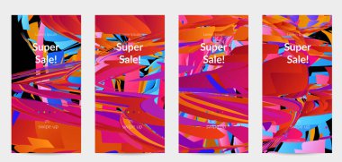 Parlak renkli küçük parçacık patlaması ile soyut sosyal medya şablonu. Spor müziği sosyal medya düzeni. Dış uzay hareketli optik sanat dinamik arka planı. Gelecekçi vektör.