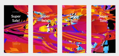 Parlak renkli küçük parçacık patlaması ile soyut sosyal medya şablonu. Spor müziği sosyal medya düzeni. Dış uzay hareketli optik sanat dinamik arka planı. Gelecekçi vektör.