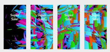 Parlak renkli küçük parçacık patlaması ile soyut sosyal medya şablonu. Spor müziği sosyal medya düzeni. Dış uzay hareketli optik sanat dinamik arka planı. Gelecekçi vektör.