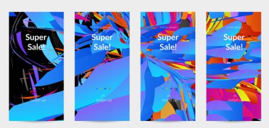 Parlak renkli küçük parçacık patlaması ile soyut sosyal medya şablonu. Spor müziği sosyal medya düzeni. Dış uzay hareketli optik sanat dinamik arka planı. Gelecekçi vektör.