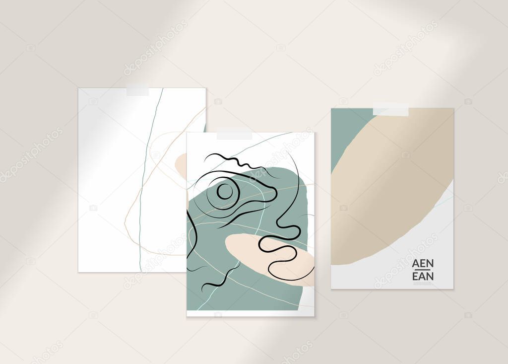 Abstract authentic portrait on modern card set template. One line continuous hand drawn doodle vector artwork. Contemporary composition in modern cubism art style. Mock up with shadow overlay.