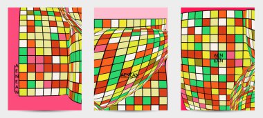 Kare piksel mozaik şekli bozulmuş. Düz retro renklerin üzerine siyah tel çerçeve. Soyut hava balonu vektör arkaplanı.