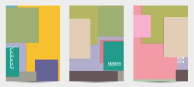 Kağıt kesikli, geometrik şekillerle örtüşen soyut el ilanı şablonu. Retro renkli vektör arkaplan nesnelerinin üst görünümü. Düz malzeme tasarımı. Sanatsal geometrik desen. Vektör illüstrasyonu. 