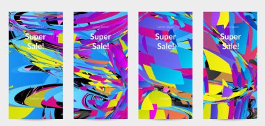 Parlak renkli küçük parçacık patlaması ile soyut sosyal medya şablonu. Spor müziği sosyal medya düzeni. Dış uzay hareketli optik sanat dinamik arka planı. Gelecekçi vektör.