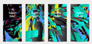 Parlak renkli küçük parçacık patlaması ile soyut sosyal medya şablonu. Spor müziği sosyal medya düzeni. Dış uzay hareketli optik sanat dinamik arka planı. Gelecekçi vektör.