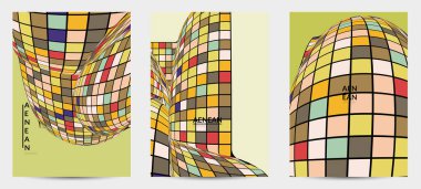 Kare piksel mozaik şekli bozulmuş. Düz retro renklerin üzerine siyah tel çerçeve. Soyut hava balonu vektör arkaplanı.