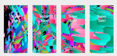 Parlak renkli küçük parçacık patlaması ile soyut sosyal medya şablonu. Spor müziği sosyal medya düzeni. Dış uzay hareketli optik sanat dinamik arka planı. Gelecekçi vektör.