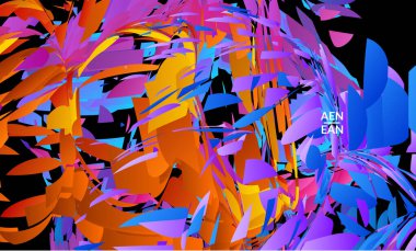 Parlak renkli küçük parçacık patlaması içeren soyut iniş sayfası şablonu. Spor müziği sosyal medya düzeni. Dış uzay hareketli optik sanat dinamik arka planı. Gelecekçi vektör.